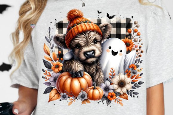 Whimsical Autumn Charm: Fall Highland Cow Ghost PNG